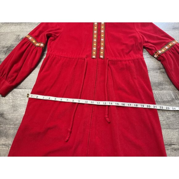 Vintage 60s Lounge Craft Nightgown Womens Medium Red Housecoat Zip Pocket Long - Picture 10 of 15